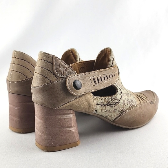 Maciejka Women's Leather Heeled Taupe Cream Floral Print Shoes Block Heel Sz 37 - Picture 5 of 16
